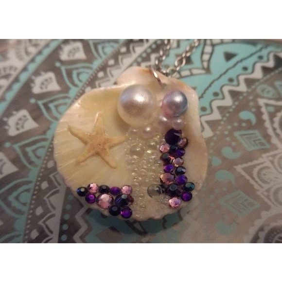 Mermaid Bubble Ariel Real Starfish faux jewels pearls seashell necklace ooak #86 - Picture 3 of 8